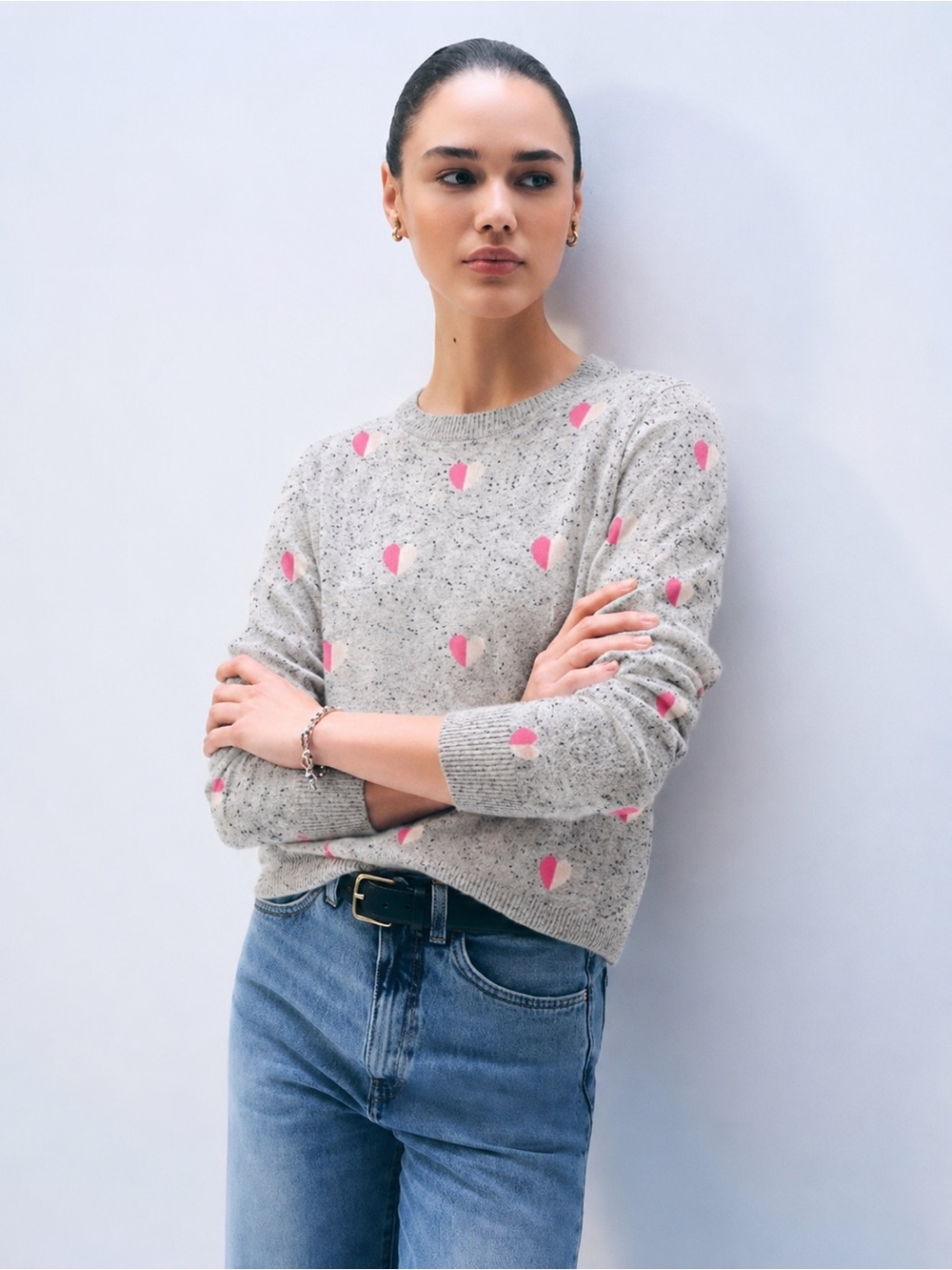 Talbots 100% Cashmere Crewneck Sweater Hearts Gray Pink 682
